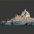 Cartoon Scene Of Fantasy Castle With Pink White Buildings Green Details And Blue Water Waves