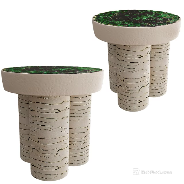 Round Top Side Table With Textured Beige Base And Green Decorative Surface 3d model