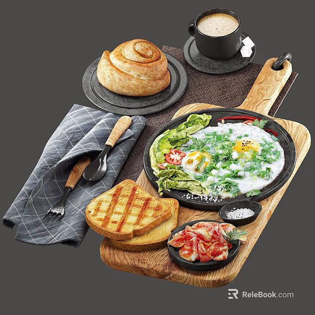 Delicious Breakfast With Avocado Salad Fried Eggs Grilled Toast Crispy Bacon Rolled Bun And Coffee 3d model 