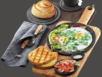 Delicious Breakfast With Avocado Salad Fried Eggs Grilled Toast Crispy Bacon Rolled Bun And Coffee 3d model