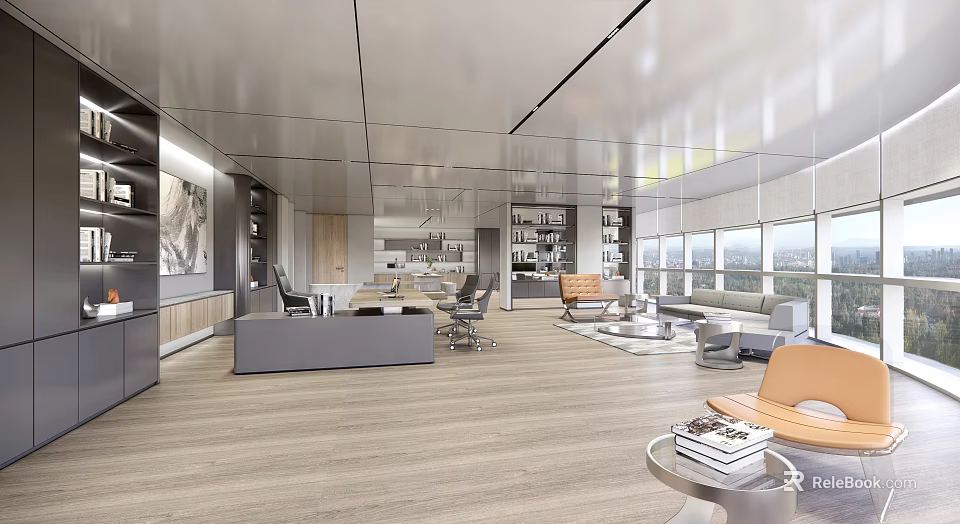 Modern Office Interior Design With Large Windows Work Desk Sofa And Bookshelves 3d model 