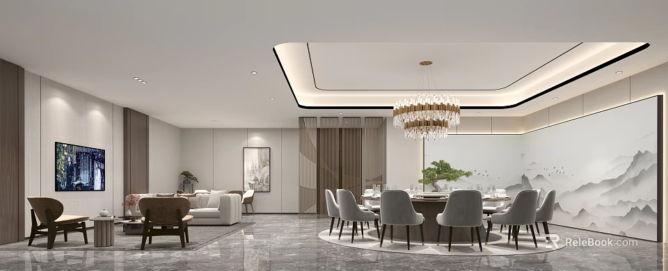 Modern Luxurious Private Room With Dining Table And Chandelier 3d model