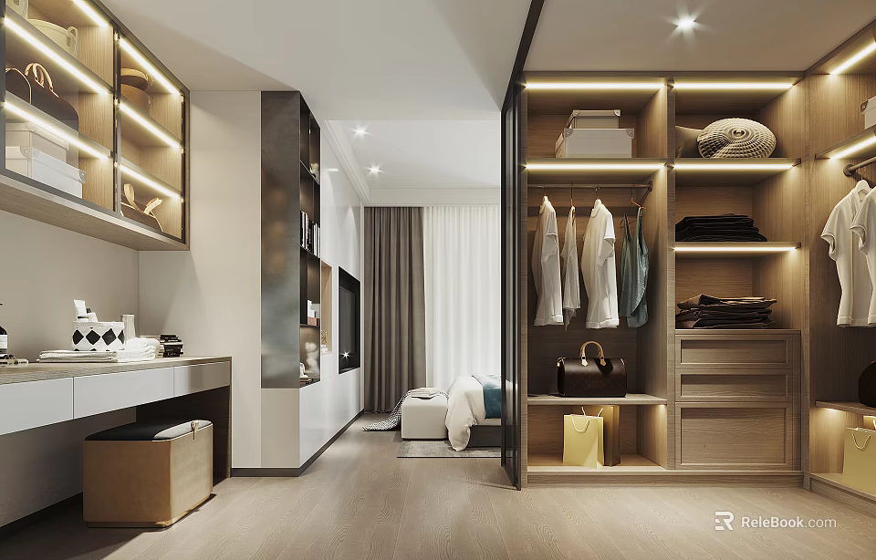 Modern Walk in Closet Interior Design With LED Lighting Hanging Rods And Storage Cabinets 3d model 