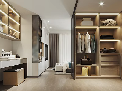 Modern Walk in Closet Interior Design With LED Lighting Hanging Rods And Storage Cabinets 3d model