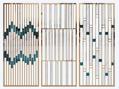 Modern Room Divider With Gold Metal Frame White Panels Geometric Patterns And Teal Accents 3d model