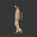 Woman In Light Pink Jacket And Beige Pants With Backpack On Gray Background