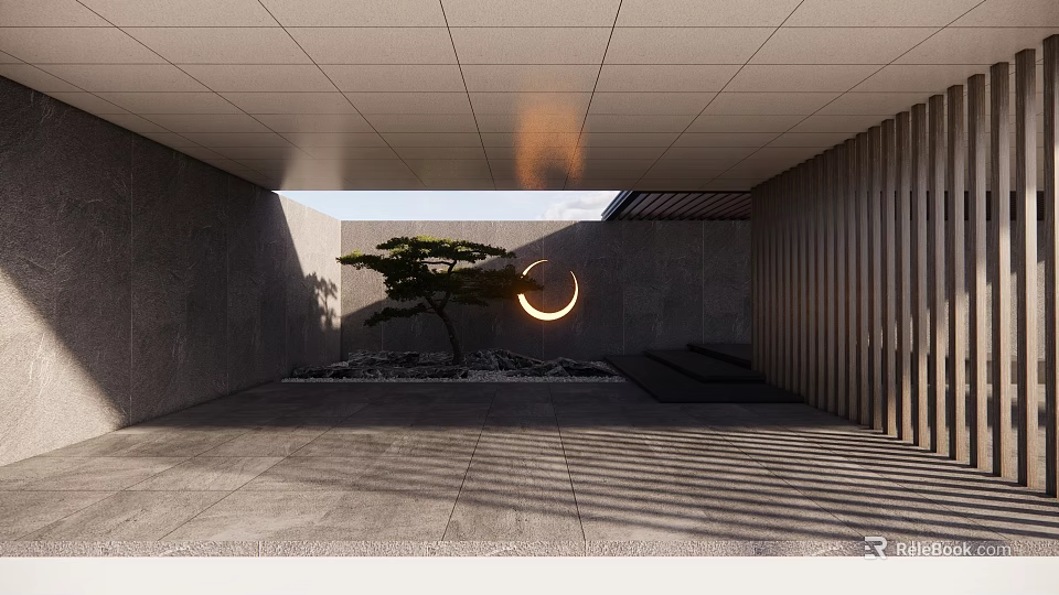 Modern Garden Ornament Design with Circular Moon Feature Small Tree Pebbles and Wooden Slats 3d model 