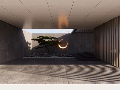 Modern Garden Ornament Design with Circular Moon Feature Small Tree Pebbles and Wooden Slats 3d model