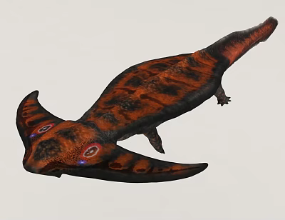 Unique Reptile Featuring Orange Black Patterned Skin Horned Head Wing Like Structures Red Purple Eyes 3d model