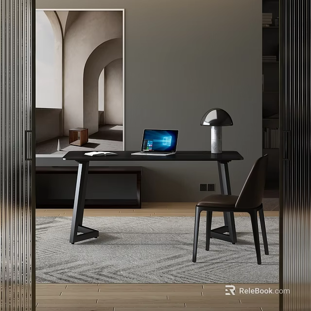 Modern Minimalist Desk Setup With Laptop Table Lamp Chair Gray Rug And Wooden Floor 3d model 