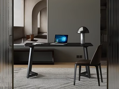 Modern Minimalist Desk Setup With Laptop Table Lamp Chair Gray Rug And Wooden Floor 3d model