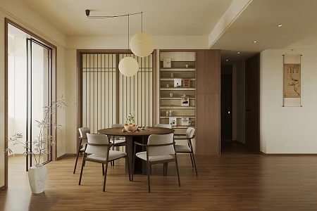 New Chinese Zen Home Restaurant Ancient Style Home Restaurant Open Restaurant Song Style Aesthetic Restaurant Solid Wood Dining Table and Chair Ancient Style Ornaments Combination 3d model