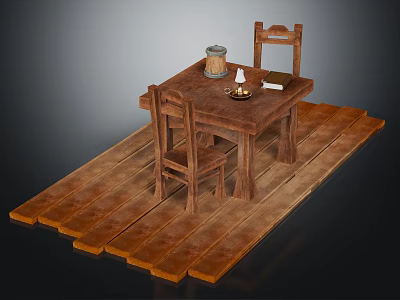 Rustic Wooden Table And Chairs With Jar Candle And Book On Wooden Floor 3d model