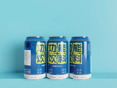 Three Blue Energy Drink Cans on Light Blue Background with Yellow Labels 3d model