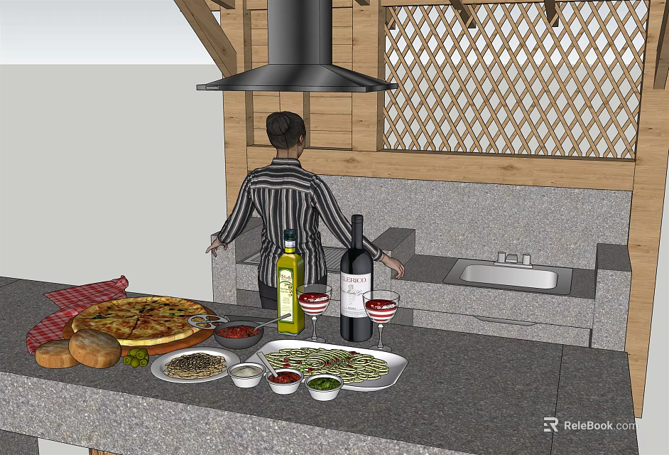 Rustic Bar Counter With Pizza Bread Olive Oil Red Wine And Wooden Lattice Range Hood 3d model 