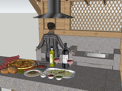 Rustic Bar Counter With Pizza Bread Olive Oil Red Wine And Wooden Lattice Range Hood 3d model