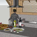 Rustic Bar Counter With Pizza Bread Olive Oil Red Wine And Wooden Lattice Range Hood