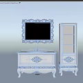 Elegant White Bathroom Vanity With Golden Ornate Carvings Decorative Mirror And Glass Door Cabinet