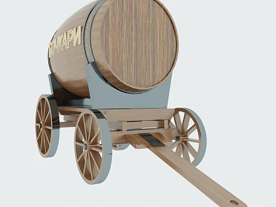 Wooden Barrel On Vintage Wooden Cart 3d model