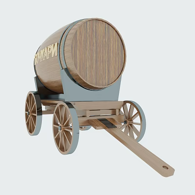 Wooden Barrel On Vintage Wooden Cart 3d model