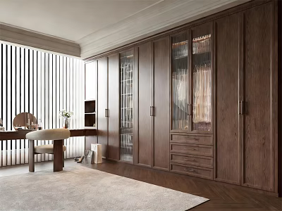 Modern Wooden Wardrobe With Glass Doors Desk Chair And Wooden Floor Rug 3d model