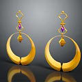 Golden Hoop Earrings With Large Circular Design Purple Gemstone And Gold Pendant