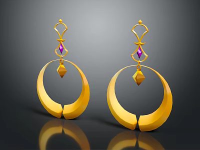 Golden Hoop Earrings With Large Circular Design Purple Gemstone And Gold Pendant 3d model