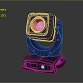 Black Moving Head Stage Lighting Fixture With Purple Beam On Gray Background
