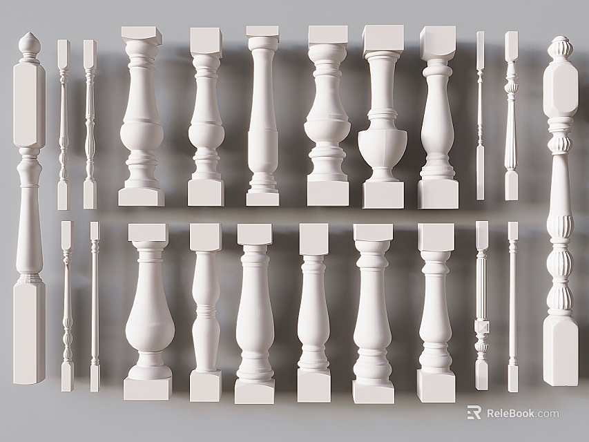 White Balusters With Various Designs And Styles For Railings Decoration 3d model 