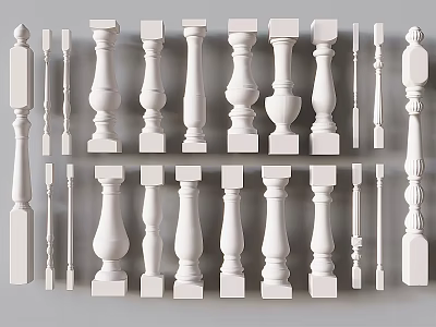 White Balusters With Various Designs And Styles For Railings Decoration 3d model