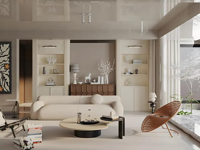 Modern Living Room Interior Design With Beige Sofa Round Coffee Table And Display Cabinets 3d model