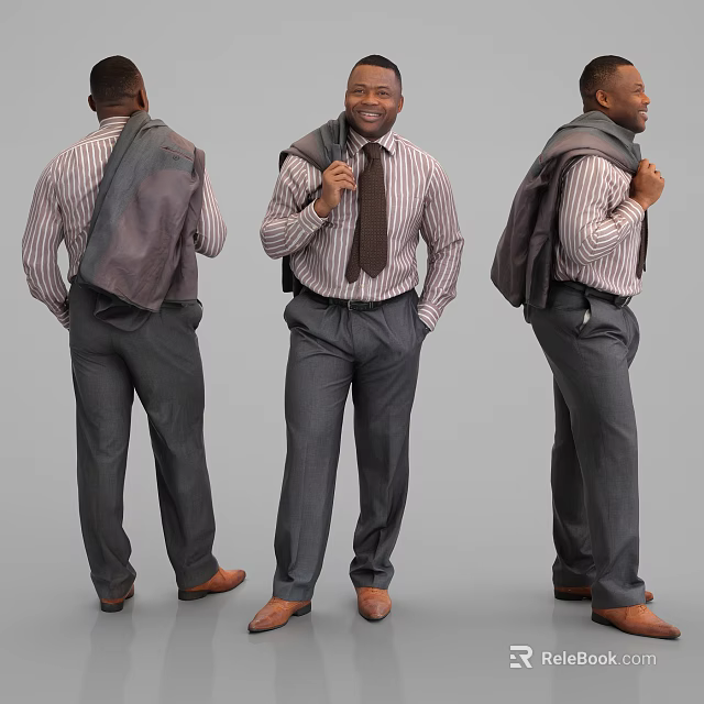 Smiling Man Wearing Striped Shirt Tie Suit Pants And Jacket Over Shoulder 3d model 