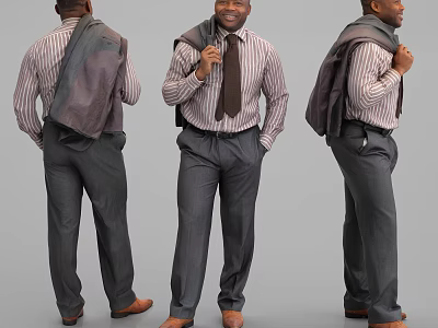 Smiling Man Wearing Striped Shirt Tie Suit Pants And Jacket Over Shoulder 3d model