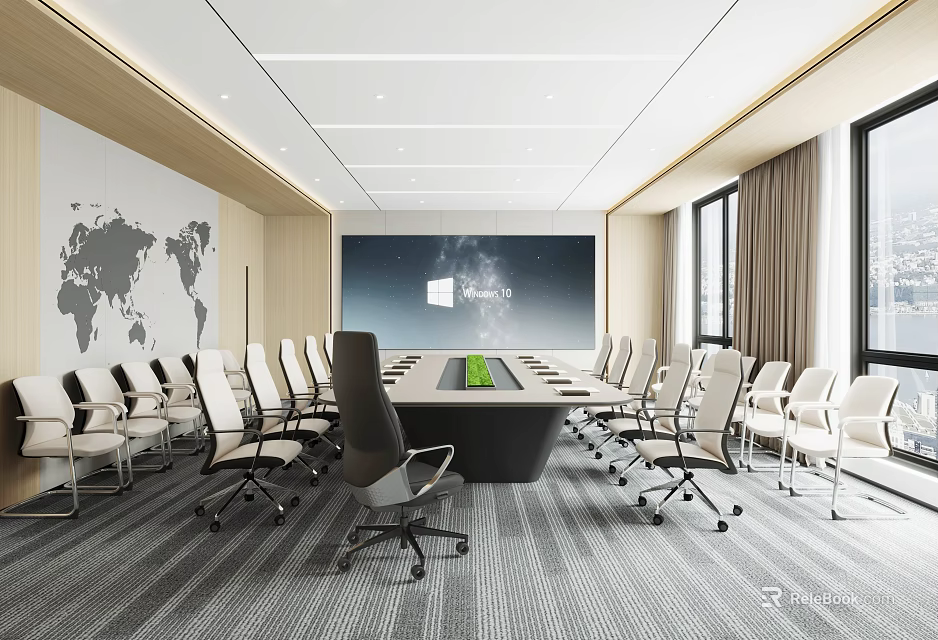 Modern Conference Room Interior With Long Conference Table World Map Wall Large Screen And Windows 3d model 