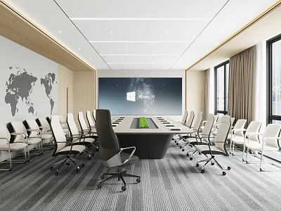 Modern Conference Room Interior With Long Conference Table World Map Wall Large Screen And Windows 3d model