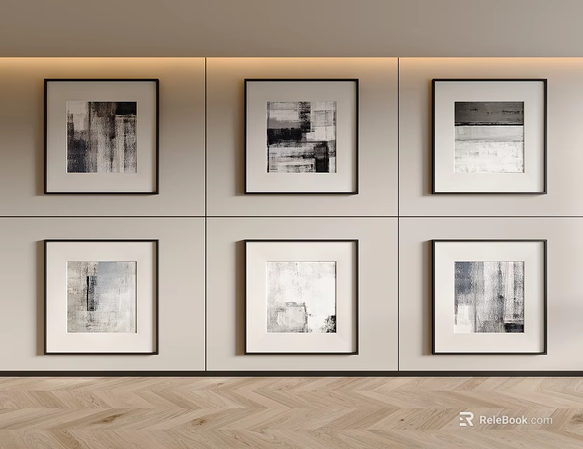 Six Framed Abstract Paintings in Two Rows Three Columns on Light Wall with Herringbone Floor 3d model 