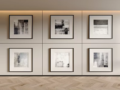 Six Framed Abstract Paintings in Two Rows Three Columns on Light Wall with Herringbone Floor 3d model
