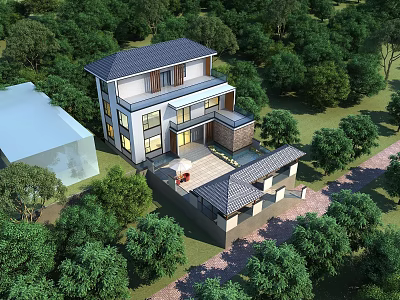 Two Story Detached Villa with Modern Exterior Design Surrounded by Lush Green Trees 3d model
