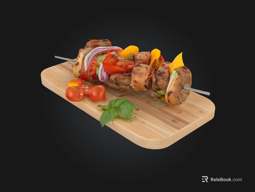 Grilled Meat Kebabs With Bell Peppers Onions Cherry Tomatoes And Basil On Wooden Cutting Board 3d model 