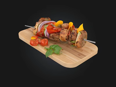 Grilled Meat Kebabs With Bell Peppers Onions Cherry Tomatoes And Basil On Wooden Cutting Board 3d model