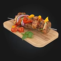 Grilled Meat Kebabs With Bell Peppers Onions Cherry Tomatoes And Basil On Wooden Cutting Board
