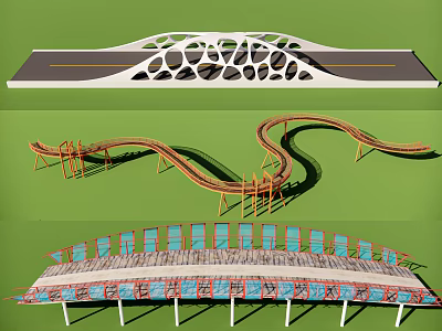 Modern Hollow Design Bridge Featuring Curved Structure Blue Seats And Wooden Deck 3d model