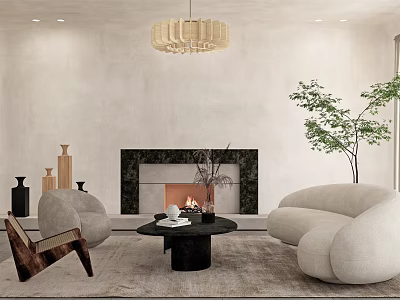Elegant Modern Living Room Interior With Fireplace Chandelier Curved Sofas And Green Plant 3d model