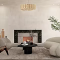 Elegant Modern Living Room Interior With Fireplace Chandelier Curved Sofas And Green Plant