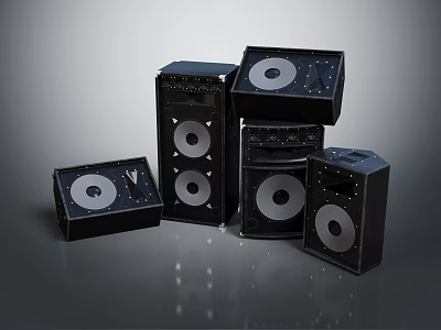 Black Audio Speakers Arranged In Various Sizes With Modern Design And High Sound Quality 3d model
