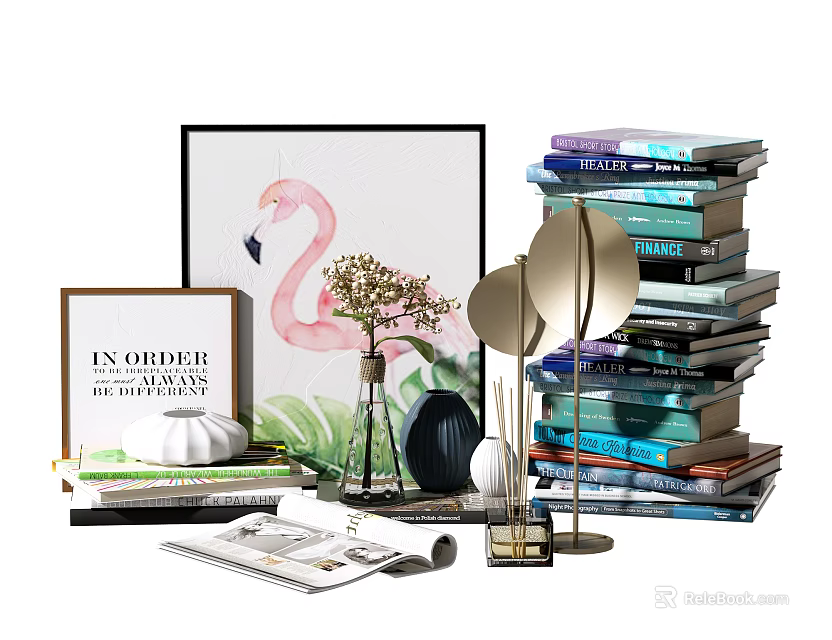 Elegant Decorative Ornament Set With Flamingo Painting Stacked Books And Green Plants 3d model 