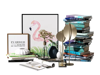 Elegant Decorative Ornament Set With Flamingo Painting Stacked Books And Green Plants 3d model