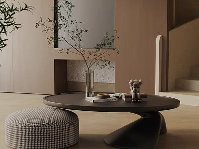 Modern Sofa Coffee Table Set With Black Round Table Checkered Ottoman Plant And Mirror 3d model