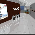 Contemporary Exhibition Hall Interior With Orange Walls White Floor Sofa And Digital Screens