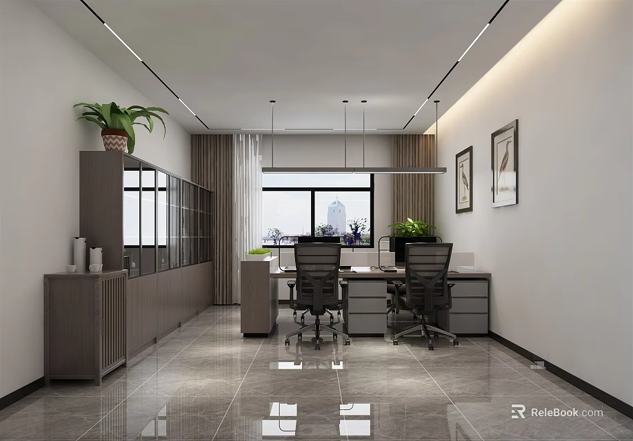 Modern Office Interior Design With Desks Office Chairs Cabinets Plants And Large Windows 3d model 